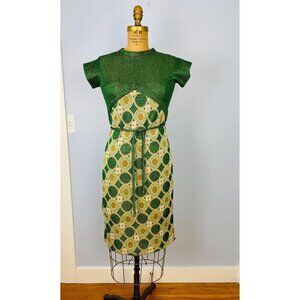 Vintage 1960s Green Sparkly Dress, Size Small, Short Sleeve Midi Cocktail Dress